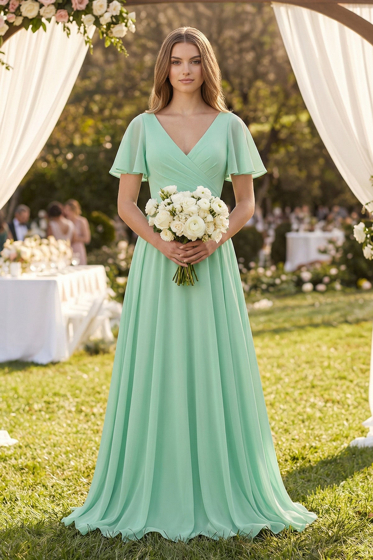 Flutter Sleeve V - Neck A - Line Chiffon Bridesmaid Dress - SHE IS ME Bridesmaid Dresses