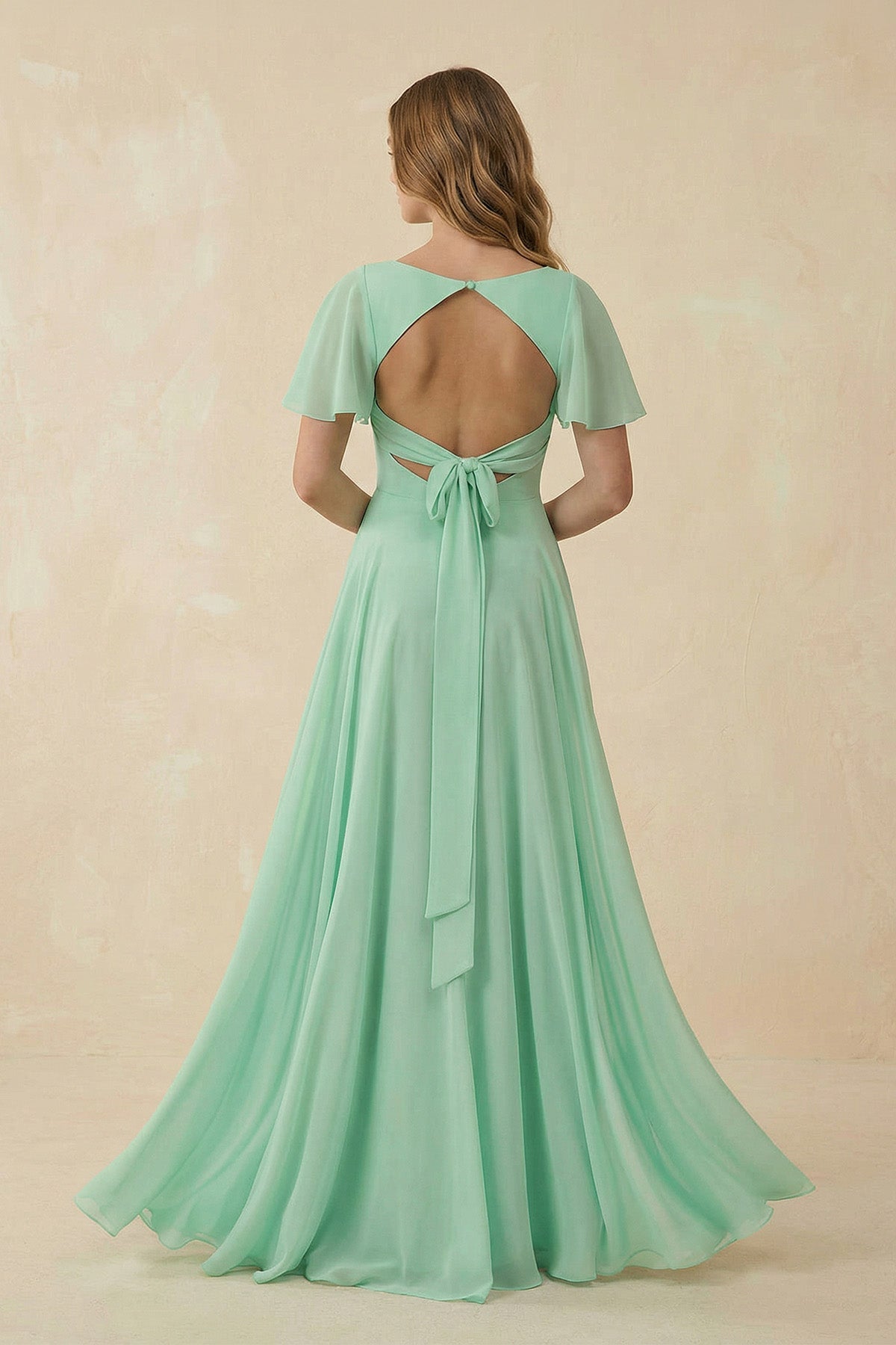 Flutter Sleeve V - Neck A - Line Chiffon Bridesmaid Dress - SHE IS ME Bridesmaid Dresses