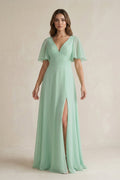 Flutter Sleeve V - Neck A - Line Chiffon Bridesmaid Dress - SHE IS ME Bridesmaid Dresses