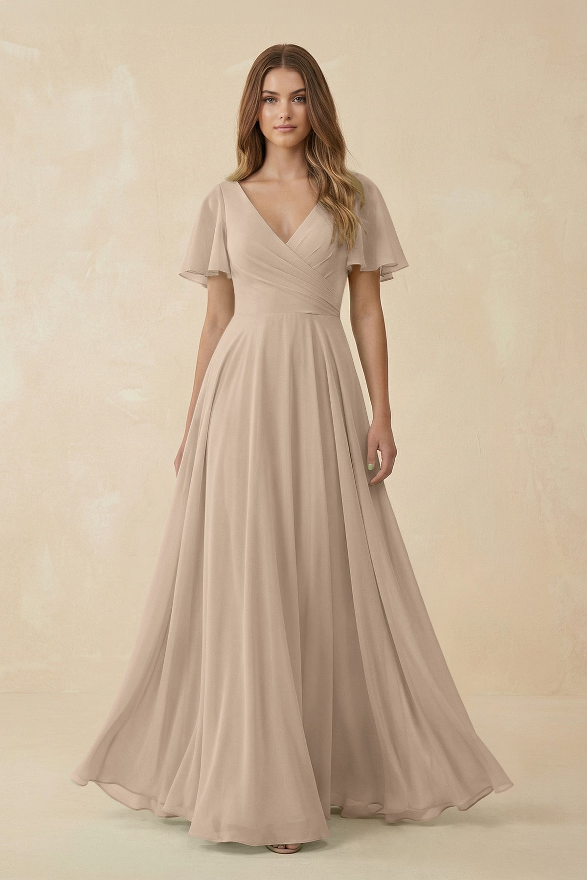 Flutter Sleeve V - Neck Chiffon A - Line Bridesmaid Dress in Almond - SHE IS ME Bridesmaid Dresses