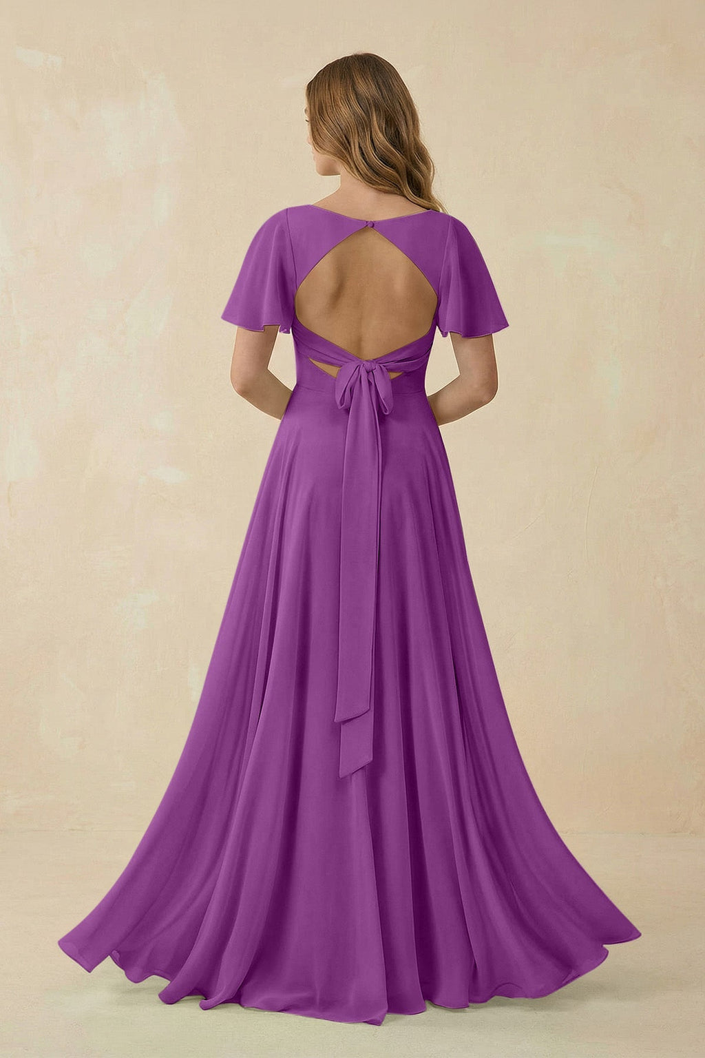 Flutter Sleeve V - Neck Chiffon A - Line Bridesmaid Dress in Amethyst - SHE IS ME Bridesmaid Dresses