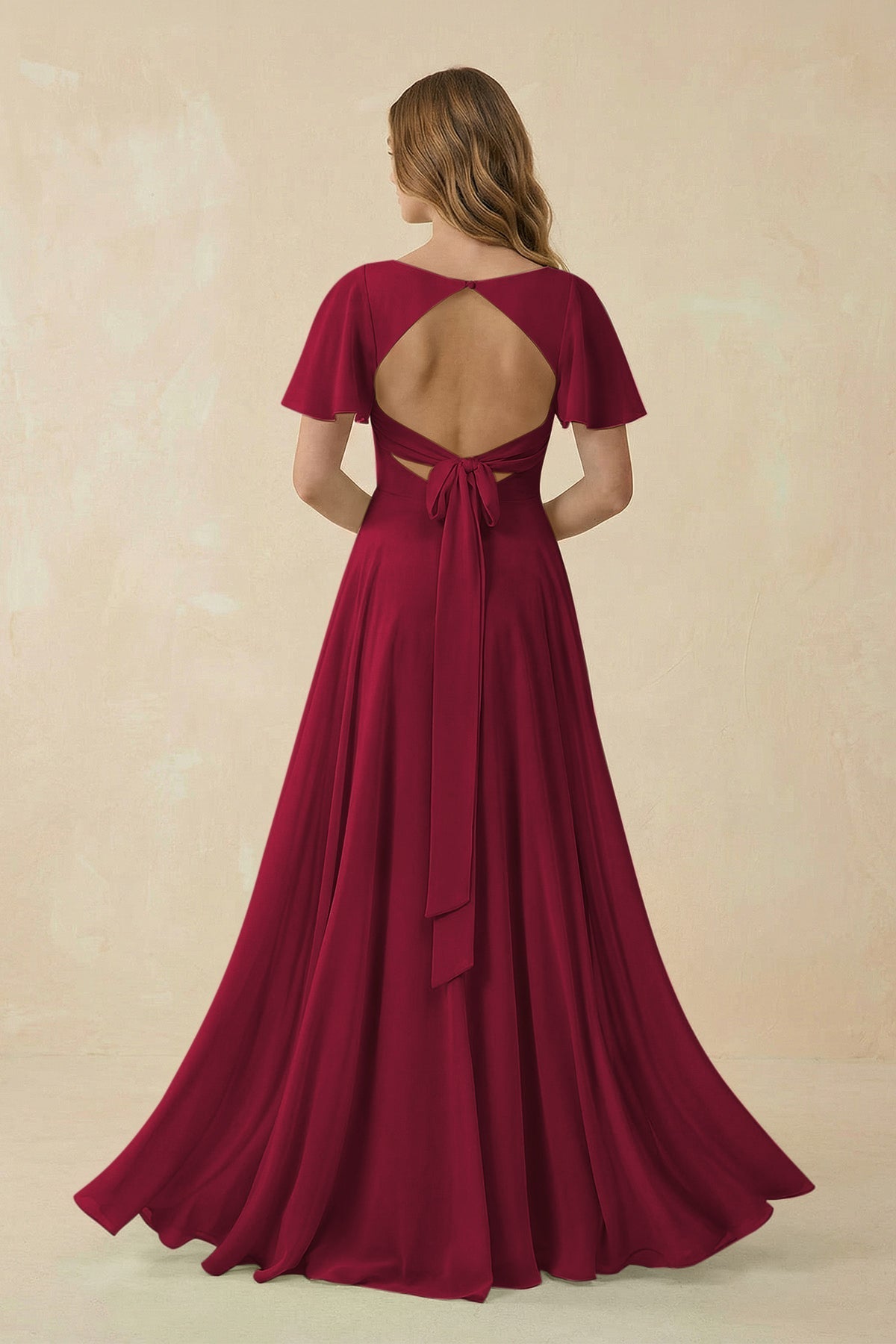 Flutter Sleeve V - Neck Chiffon A - Line Bridesmaid Dress in Berry - SHE IS ME Bridesmaid Dresses