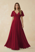 Flutter Sleeve V - Neck Chiffon A - Line Bridesmaid Dress in Berry - SHE IS ME Bridesmaid Dresses