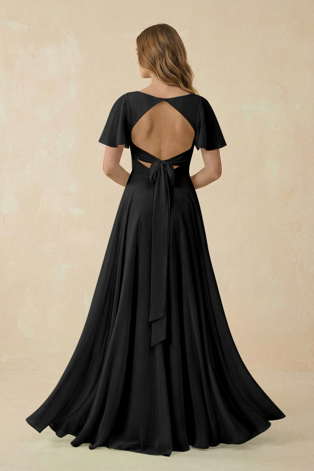 Flutter Sleeve V - Neck Chiffon A - Line Bridesmaid Dress in Black - SHE IS ME Bridesmaid Dresses