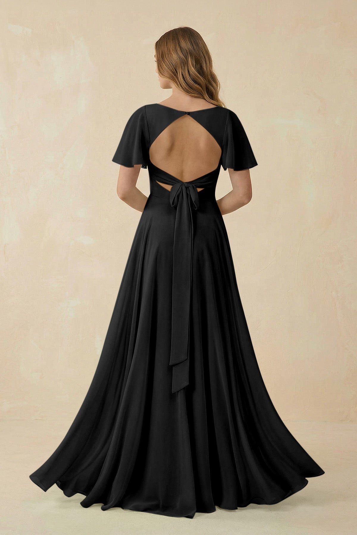 Flutter Sleeve V - Neck Chiffon A - Line Bridesmaid Dress in Black - SHE IS ME Bridesmaid Dresses