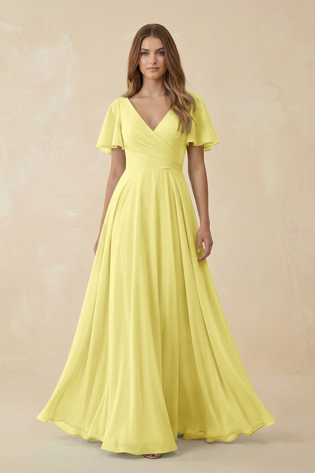 Flutter Sleeve V - Neck Chiffon A - Line Bridesmaid Dress in Buttercup - SHE IS ME Bridesmaid Dresses