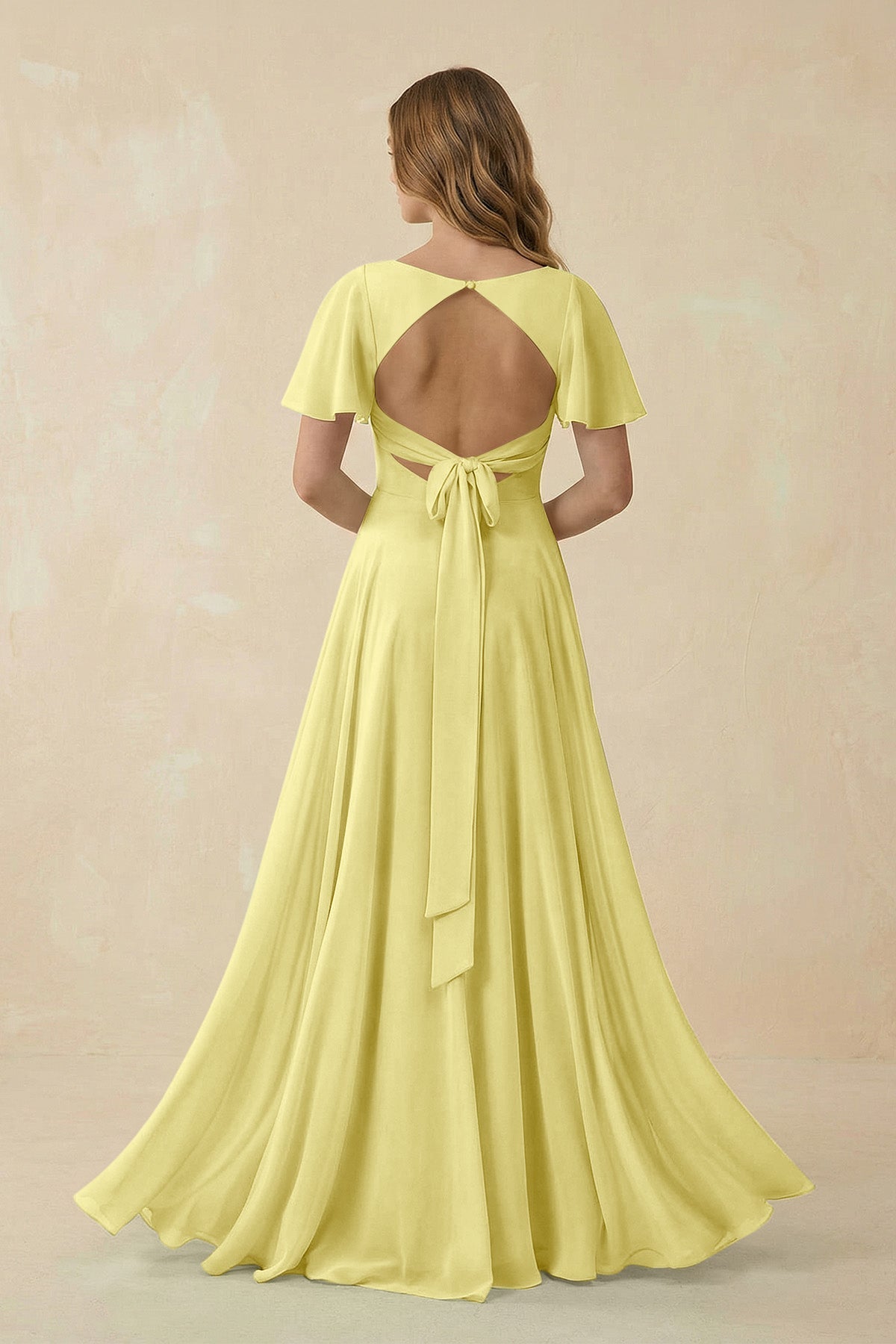 Flutter Sleeve V - Neck Chiffon A - Line Bridesmaid Dress in Buttercup - SHE IS ME Bridesmaid Dresses