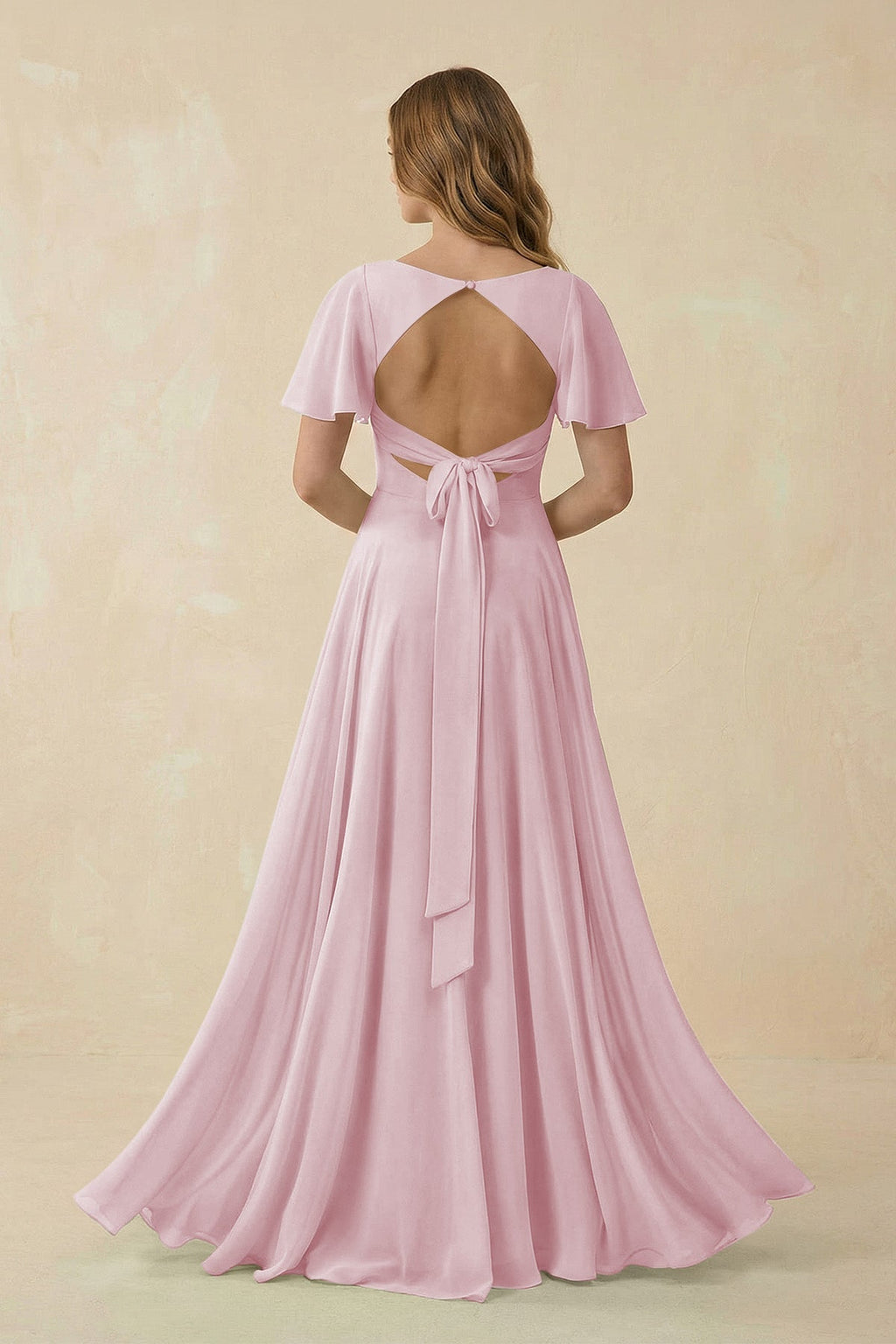 Flutter Sleeve V - Neck Chiffon A - Line Bridesmaid Dress in Candy Pink - SHE IS ME Bridesmaid Dresses
