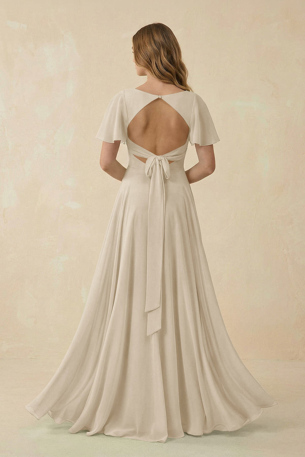 Flutter Sleeve V - Neck Chiffon A - Line Bridesmaid Dress in Champagne - SHE IS ME Bridesmaid Dresses