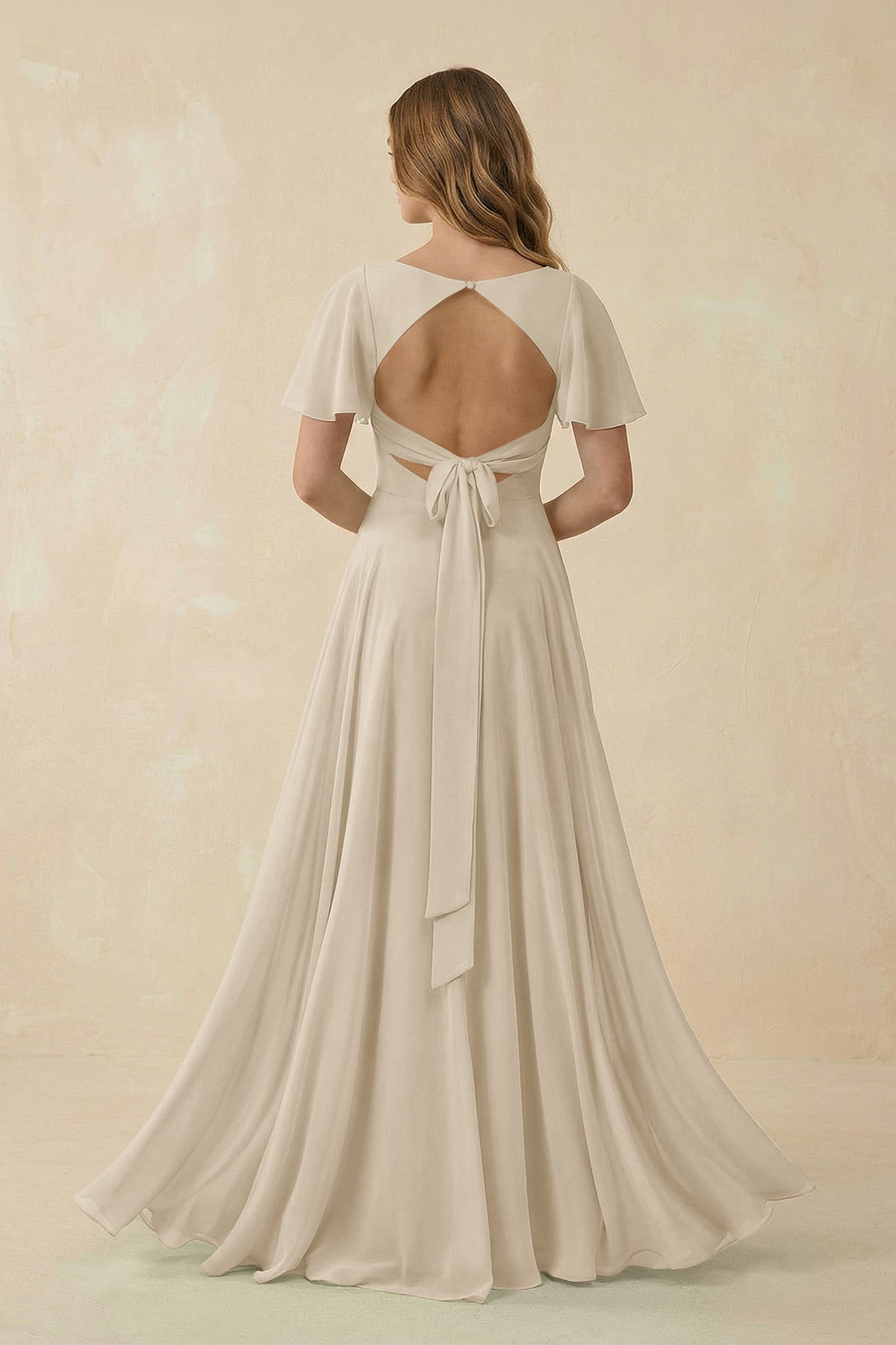Flutter Sleeve V - Neck Chiffon A - Line Bridesmaid Dress in Champagne - SHE IS ME Bridesmaid Dresses