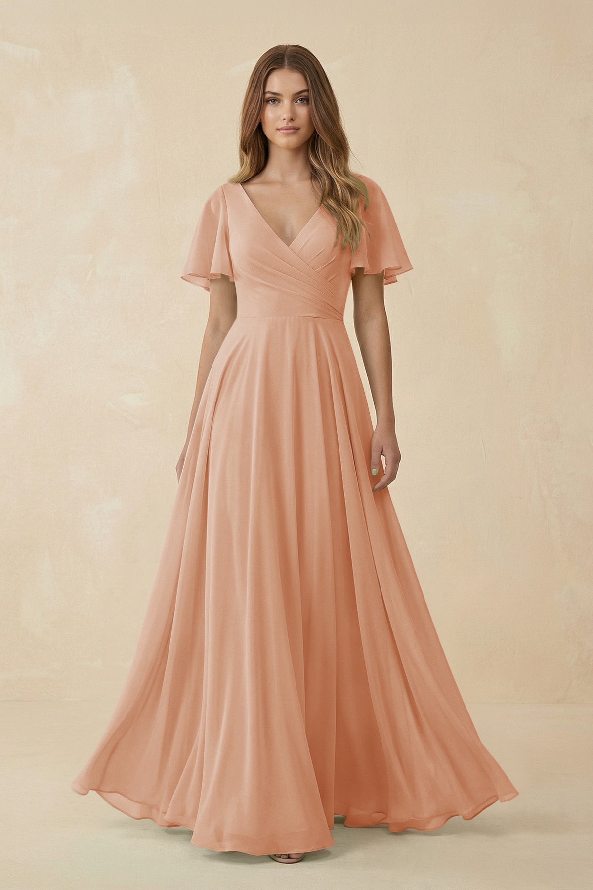 Flutter Sleeve V - Neck Chiffon A - Line Bridesmaid Dress in Champagne Rose - SHE IS ME Bridesmaid Dresses