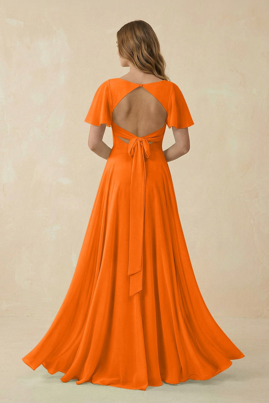 Flutter Sleeve V - Neck Chiffon A - Line Bridesmaid Dress in Cinnamon - SHE IS ME Bridesmaid Dresses