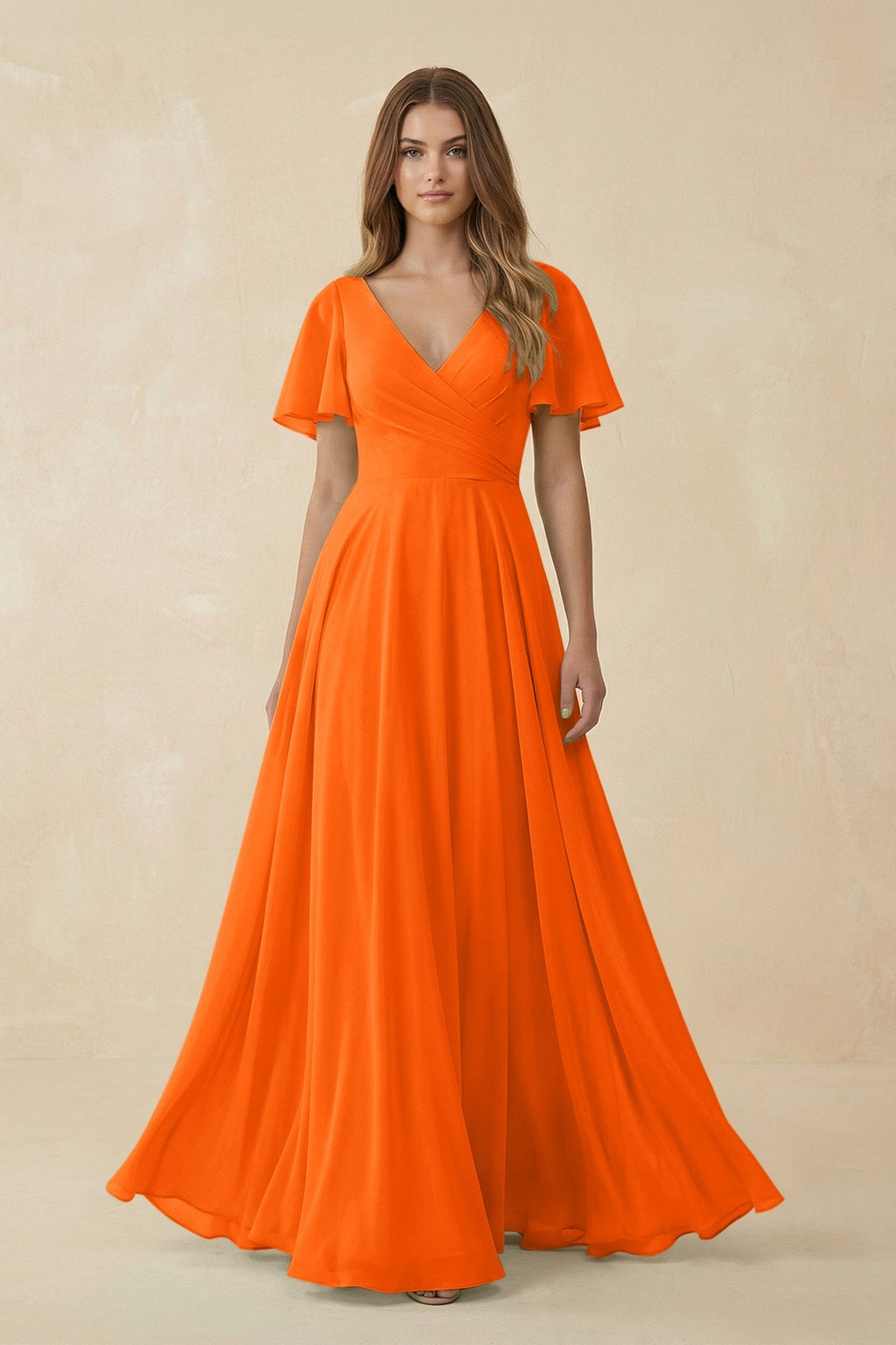 Flutter Sleeve V - Neck Chiffon A - Line Bridesmaid Dress in Cinnamon - SHE IS ME Bridesmaid Dresses