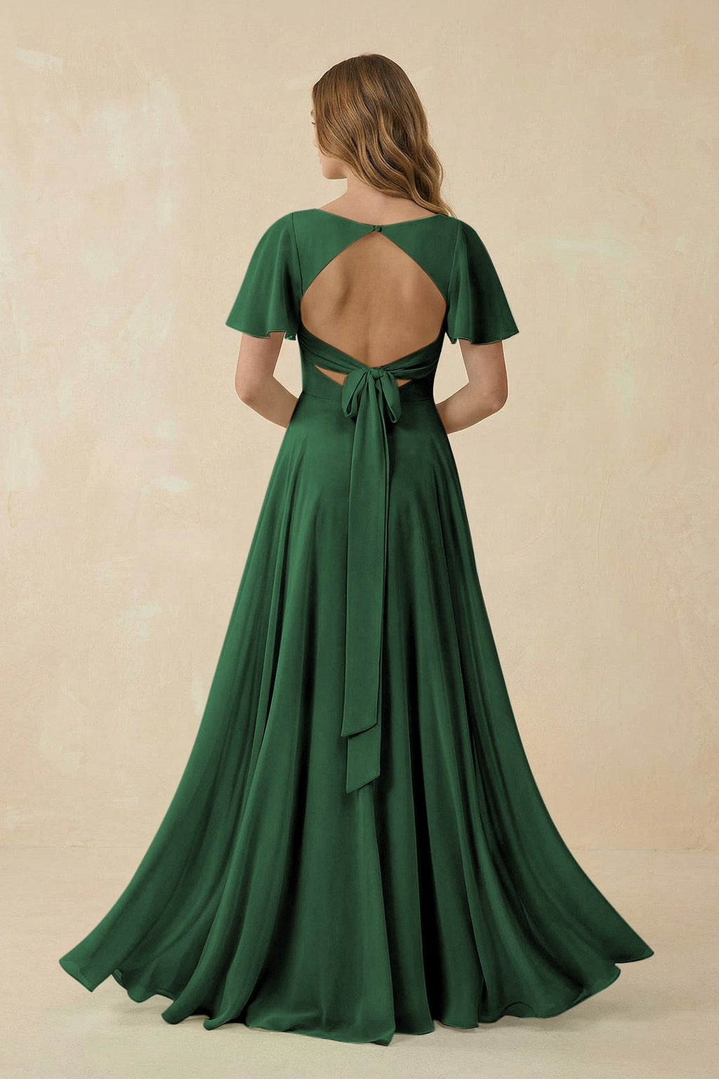 Flutter Sleeve V - Neck Chiffon A - Line Bridesmaid Dress in Dark Green - SHE IS ME Bridesmaid Dresses