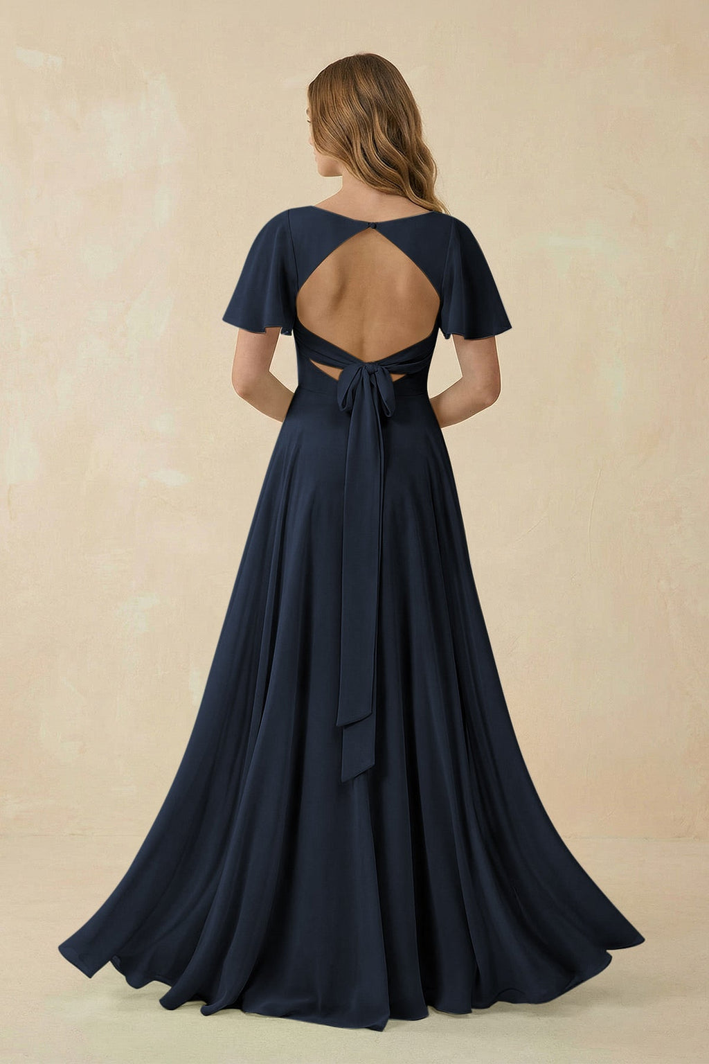 Flutter Sleeve V - Neck Chiffon A - Line Bridesmaid Dress in Dark Navy - SHE IS ME Bridesmaid Dresses