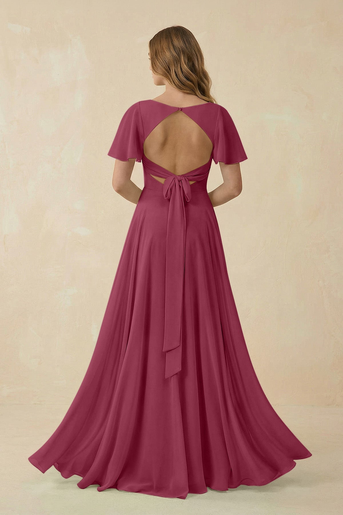 Flutter Sleeve V - Neck Chiffon A - Line Bridesmaid Dress in Desert Rose - SHE IS ME Bridesmaid Dresses