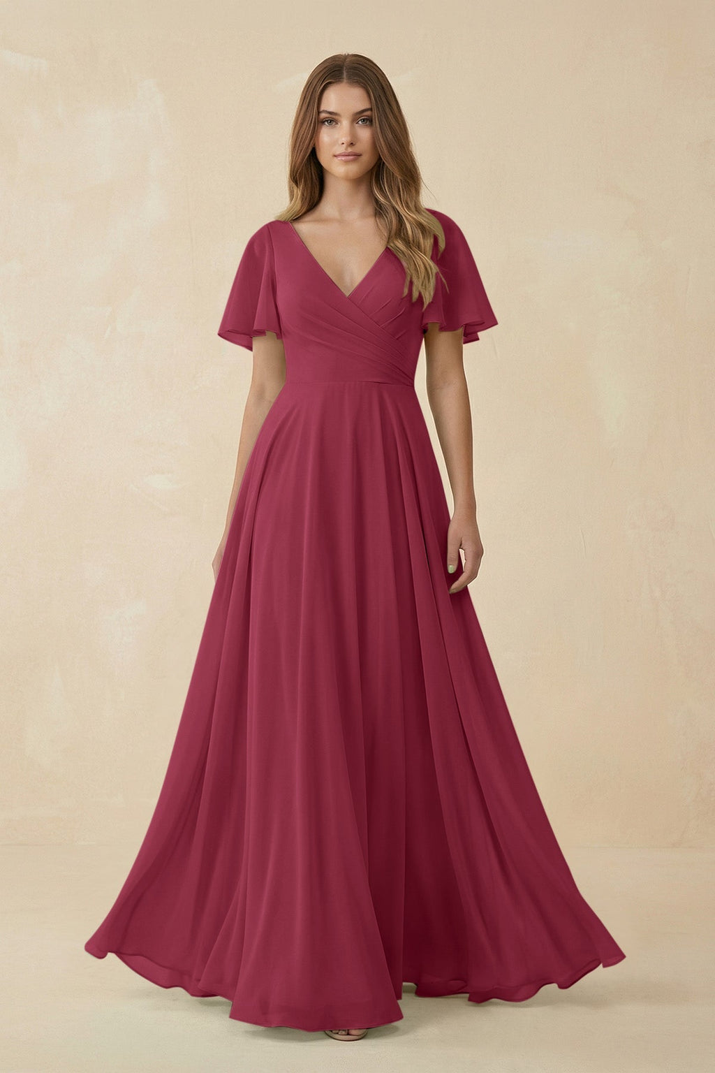 Flutter Sleeve V - Neck Chiffon A - Line Bridesmaid Dress in Desert Rose - SHE IS ME Bridesmaid Dresses