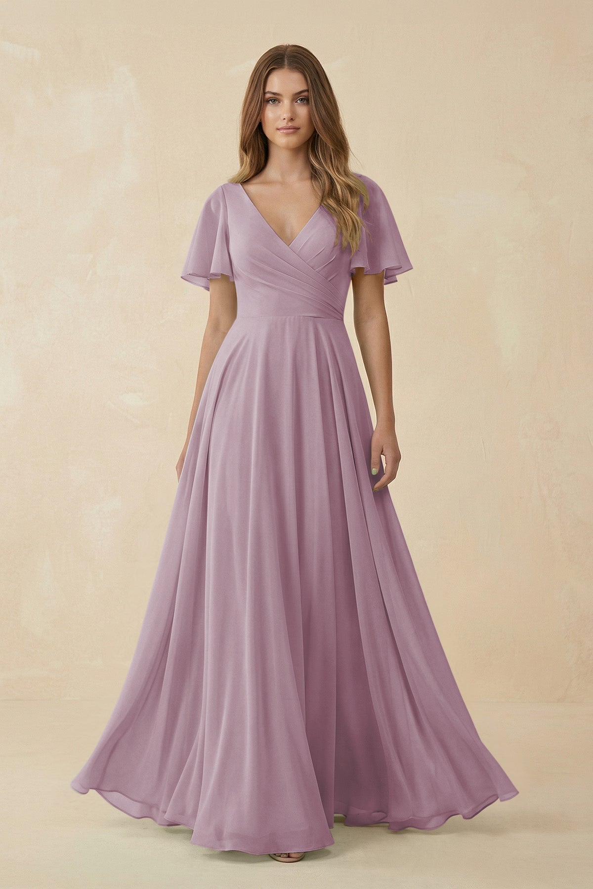 Flutter Sleeve V - Neck Chiffon A - Line Bridesmaid Dress in Dusk - SHE IS ME Bridesmaid Dresses