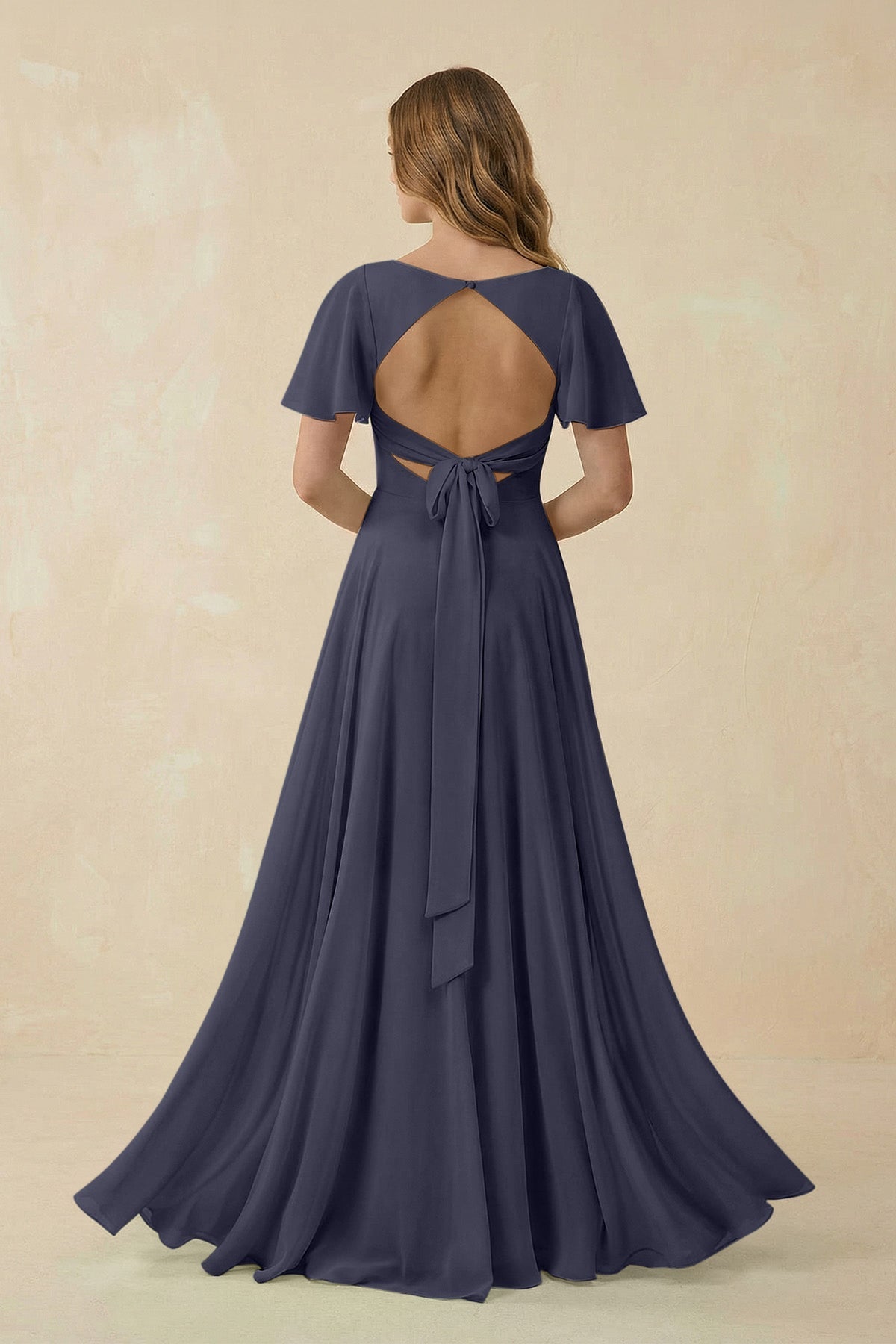 Flutter Sleeve V - Neck Chiffon A - Line Bridesmaid Dress in Dusk Blue - SHE IS ME Bridesmaid Dresses