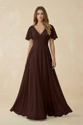 Flutter Sleeve V - Neck Chiffon A - Line Bridesmaid Dress in Espresso - SHE IS ME Bridesmaid Dresses
