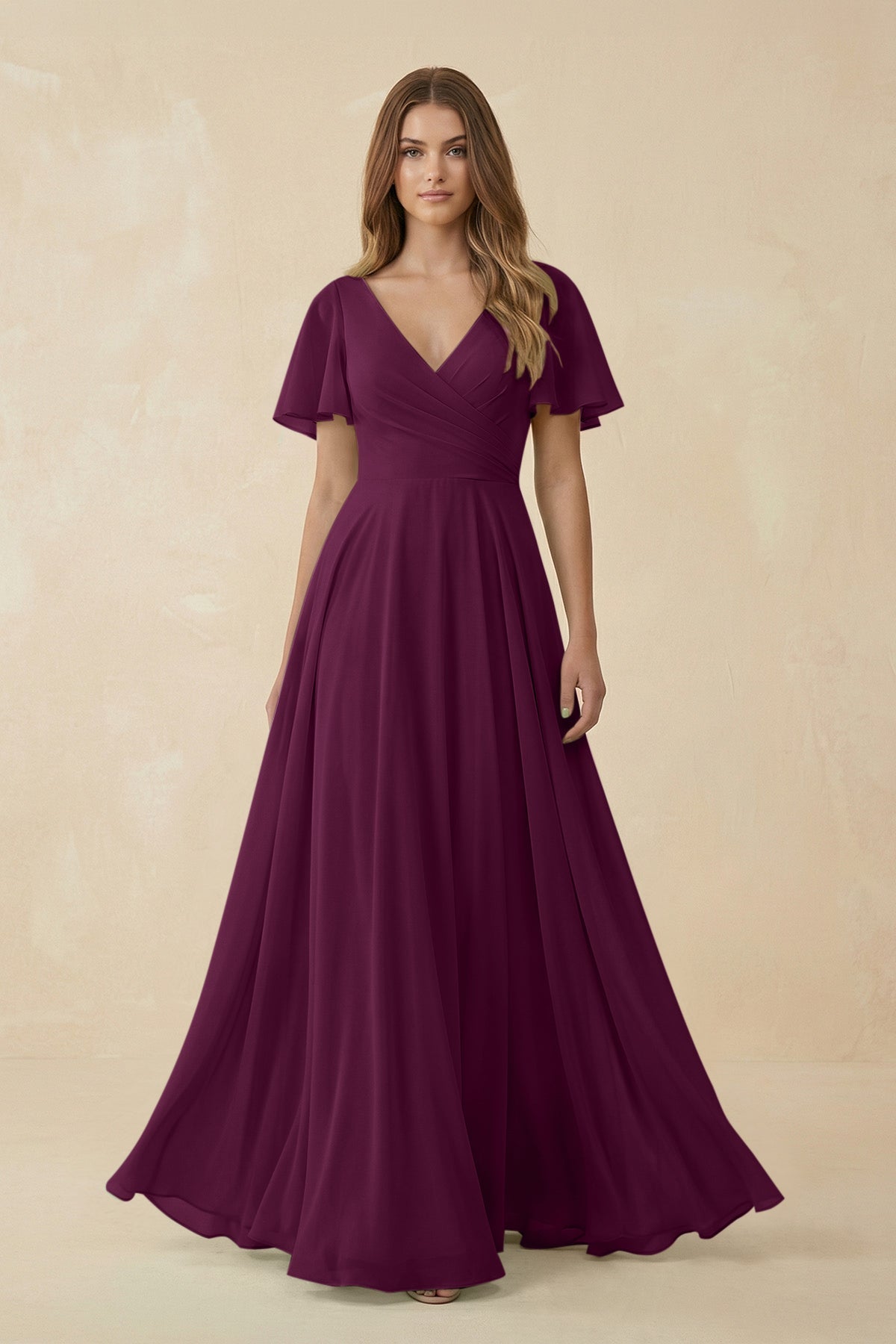 Flutter Sleeve V - Neck Chiffon A - Line Bridesmaid Dress in Fig - SHE IS ME Bridesmaid Dresses
