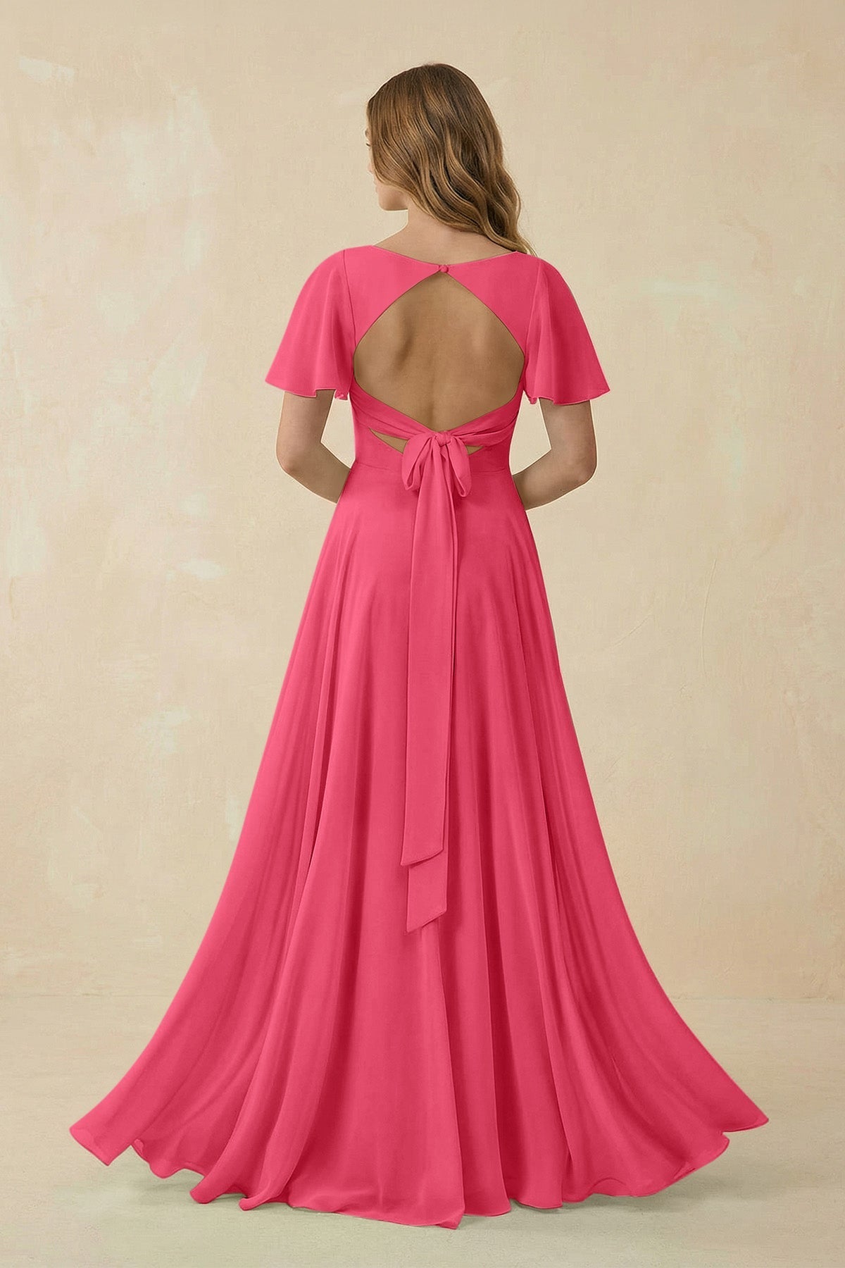 Flutter Sleeve V - Neck Chiffon A - Line Bridesmaid Dress in Fuchsia - SHE IS ME Bridesmaid Dresses