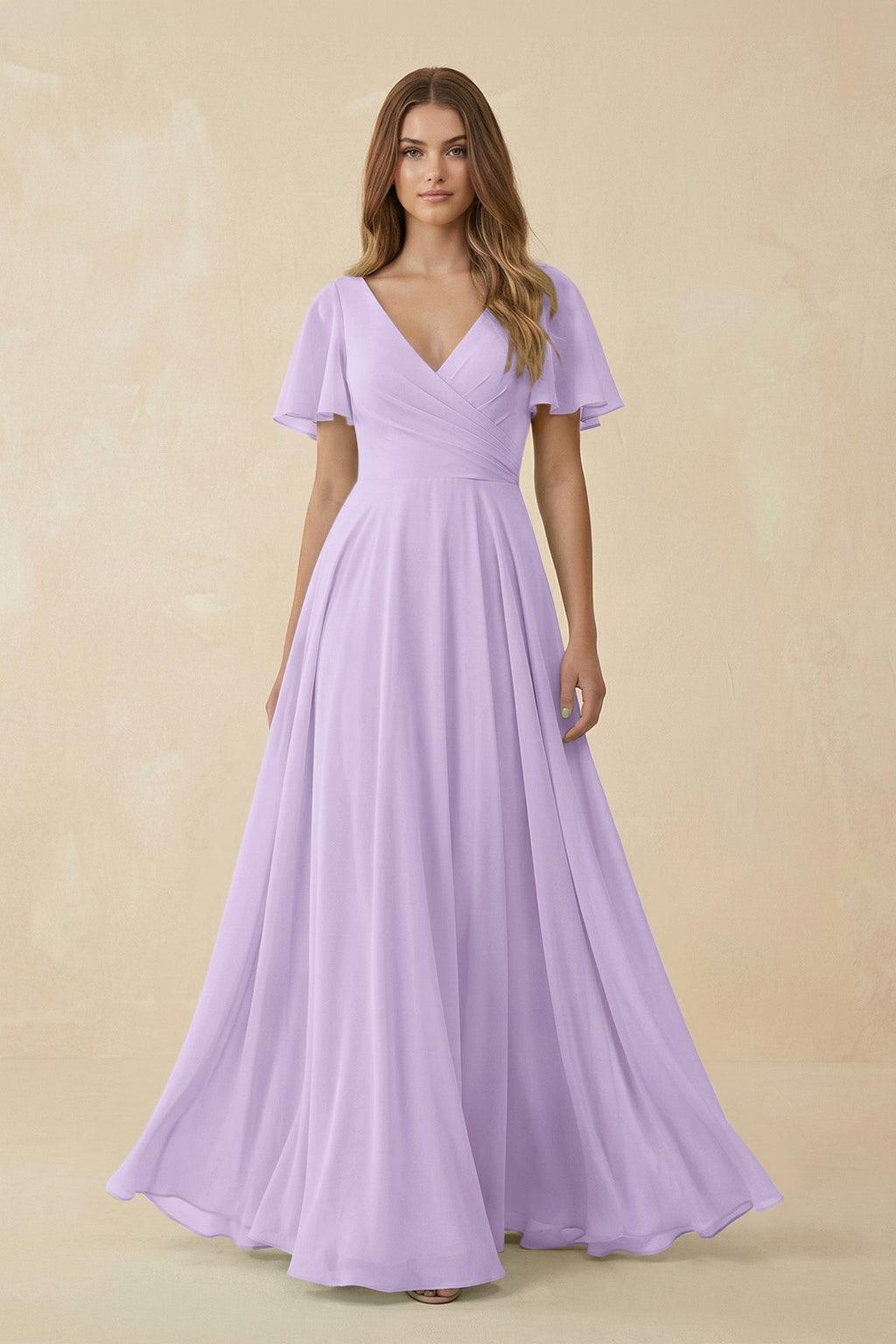 Flutter Sleeve V - Neck Chiffon A - Line Bridesmaid Dress in Lavender - SHE IS ME Bridesmaid Dresses
