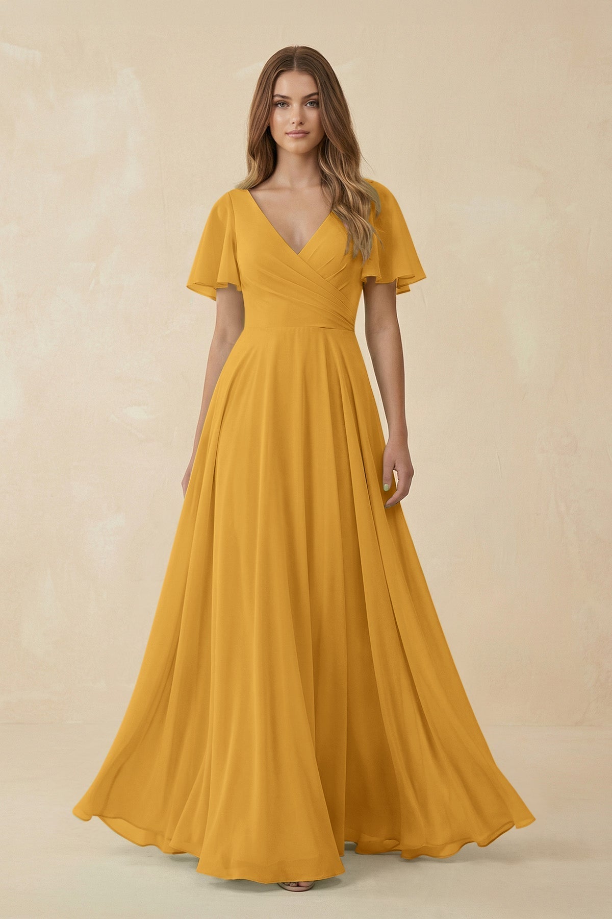 Flutter Sleeve V - Neck Chiffon A - Line Bridesmaid Dress in Marigold - SHE IS ME Bridesmaid Dresses
