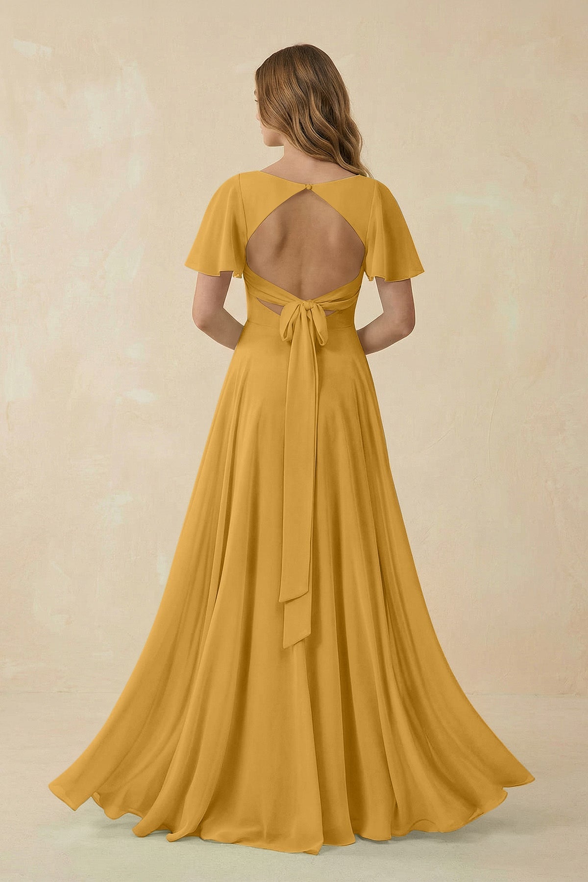 Flutter Sleeve V - Neck Chiffon A - Line Bridesmaid Dress in Marigold - SHE IS ME Bridesmaid Dresses
