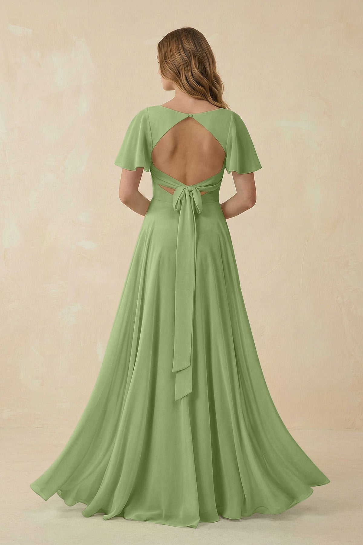 Flutter Sleeve V - Neck Chiffon A - Line Bridesmaid Dress in Matcha - SHE IS ME Bridesmaid Dresses