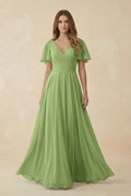 Flutter Sleeve V - Neck Chiffon A - Line Bridesmaid Dress in Matcha - SHE IS ME Bridesmaid Dresses