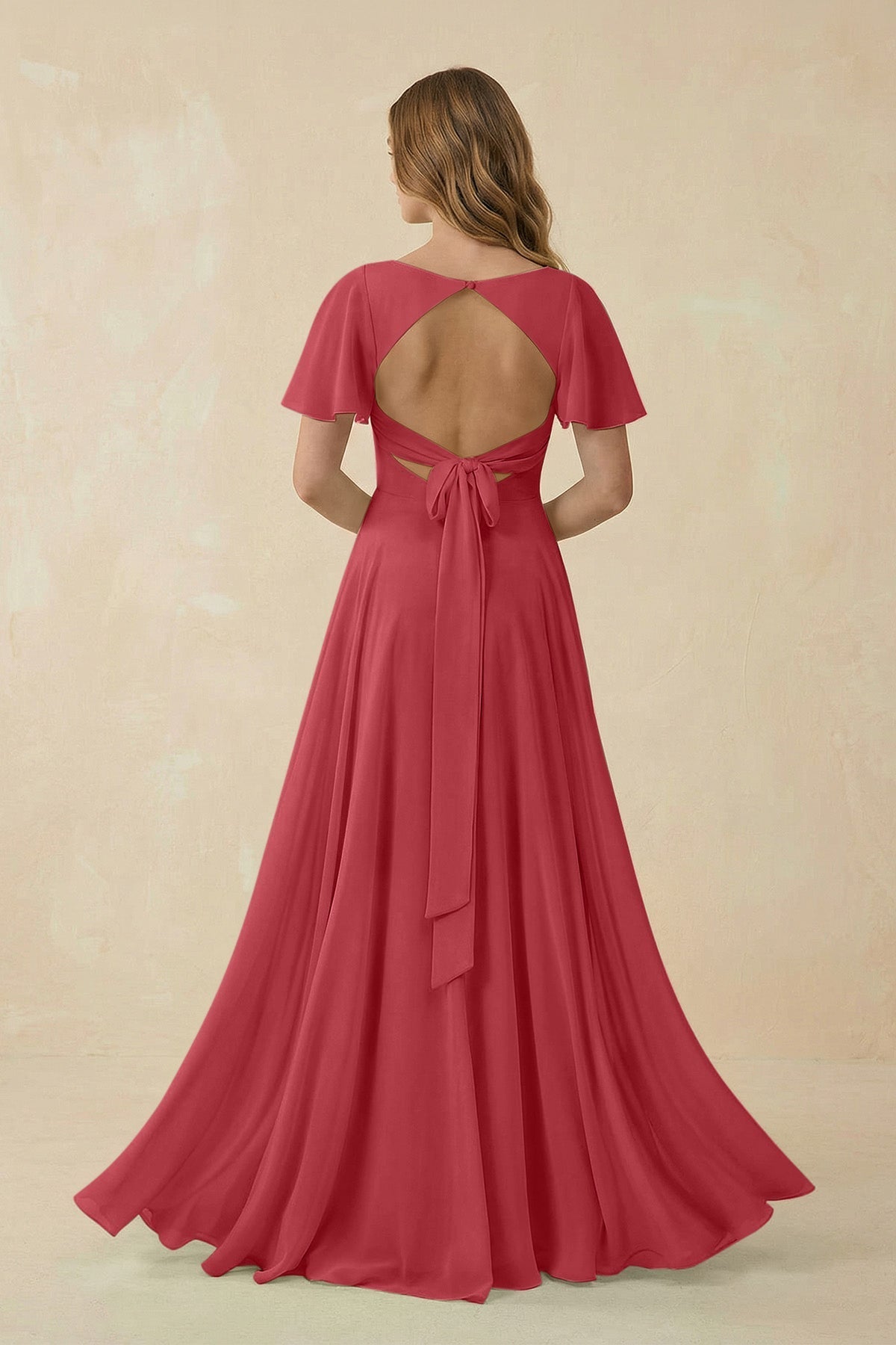 Flutter Sleeve V - Neck Chiffon A - Line Bridesmaid Dress in Merlot - SHE IS ME Bridesmaid Dresses