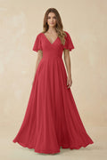 Flutter Sleeve V - Neck Chiffon A - Line Bridesmaid Dress in Merlot - SHE IS ME Bridesmaid Dresses