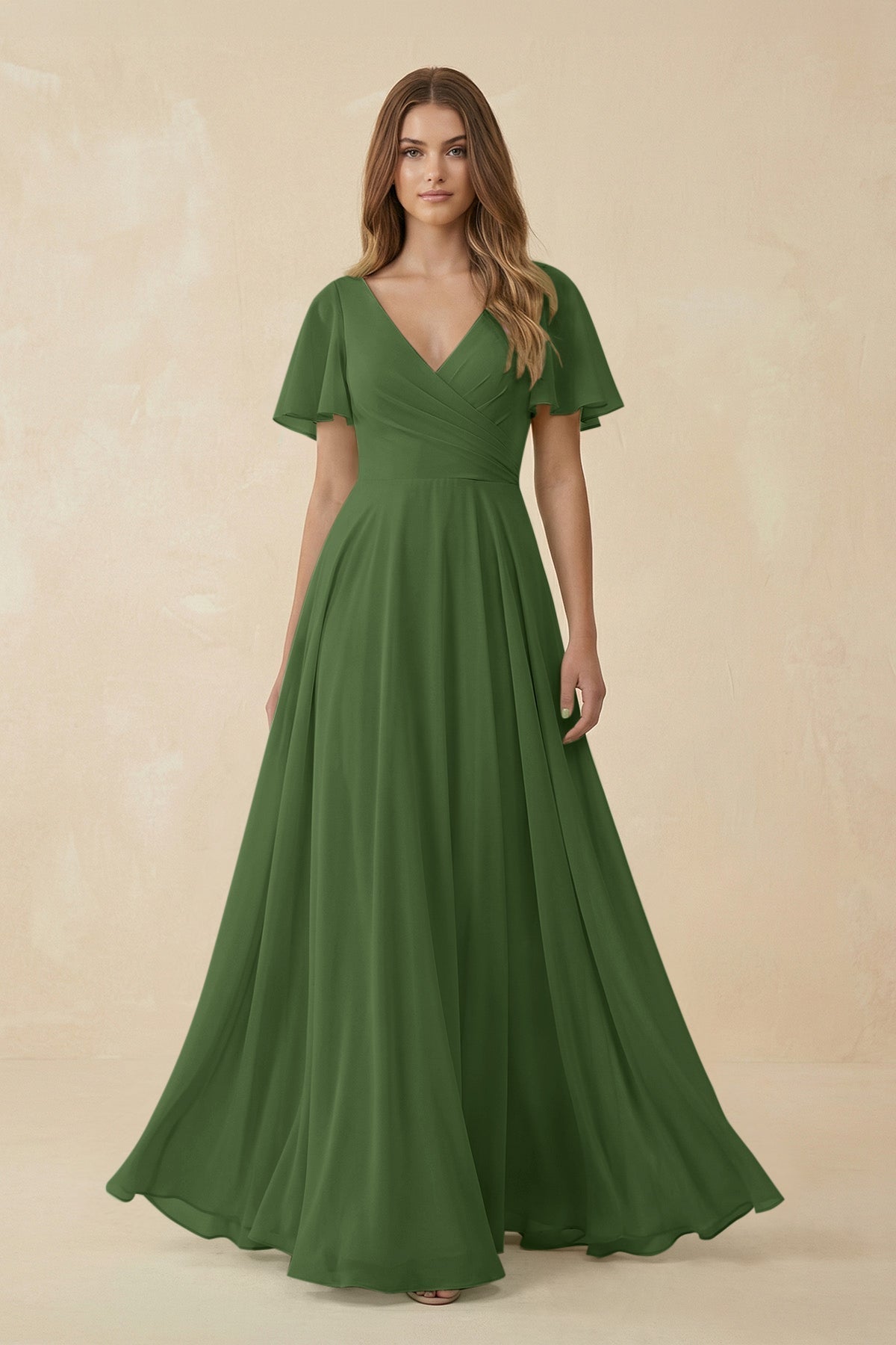 Flutter Sleeve V - Neck Chiffon A - Line Bridesmaid Dress in Moss - SHE IS ME Bridesmaid Dresses