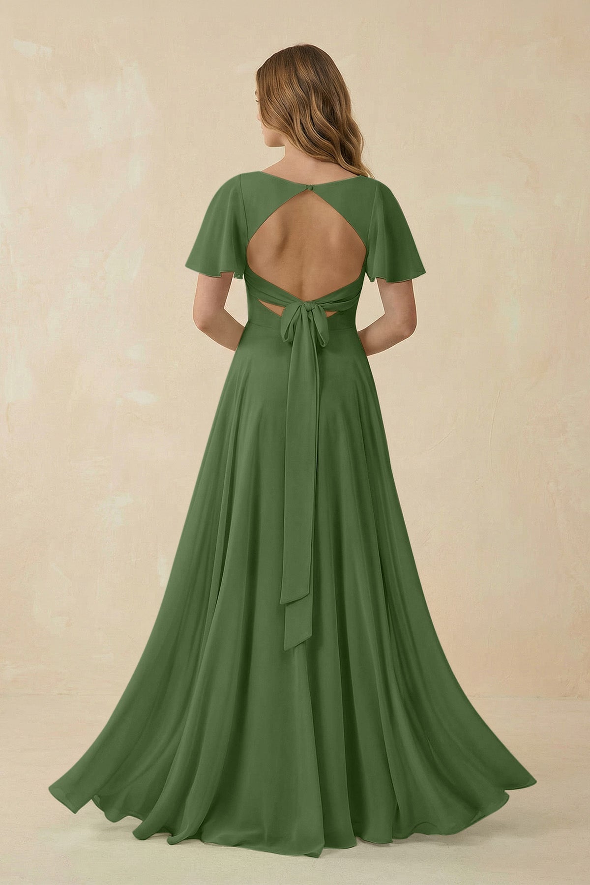 Flutter Sleeve V - Neck Chiffon A - Line Bridesmaid Dress in Moss - SHE IS ME Bridesmaid Dresses