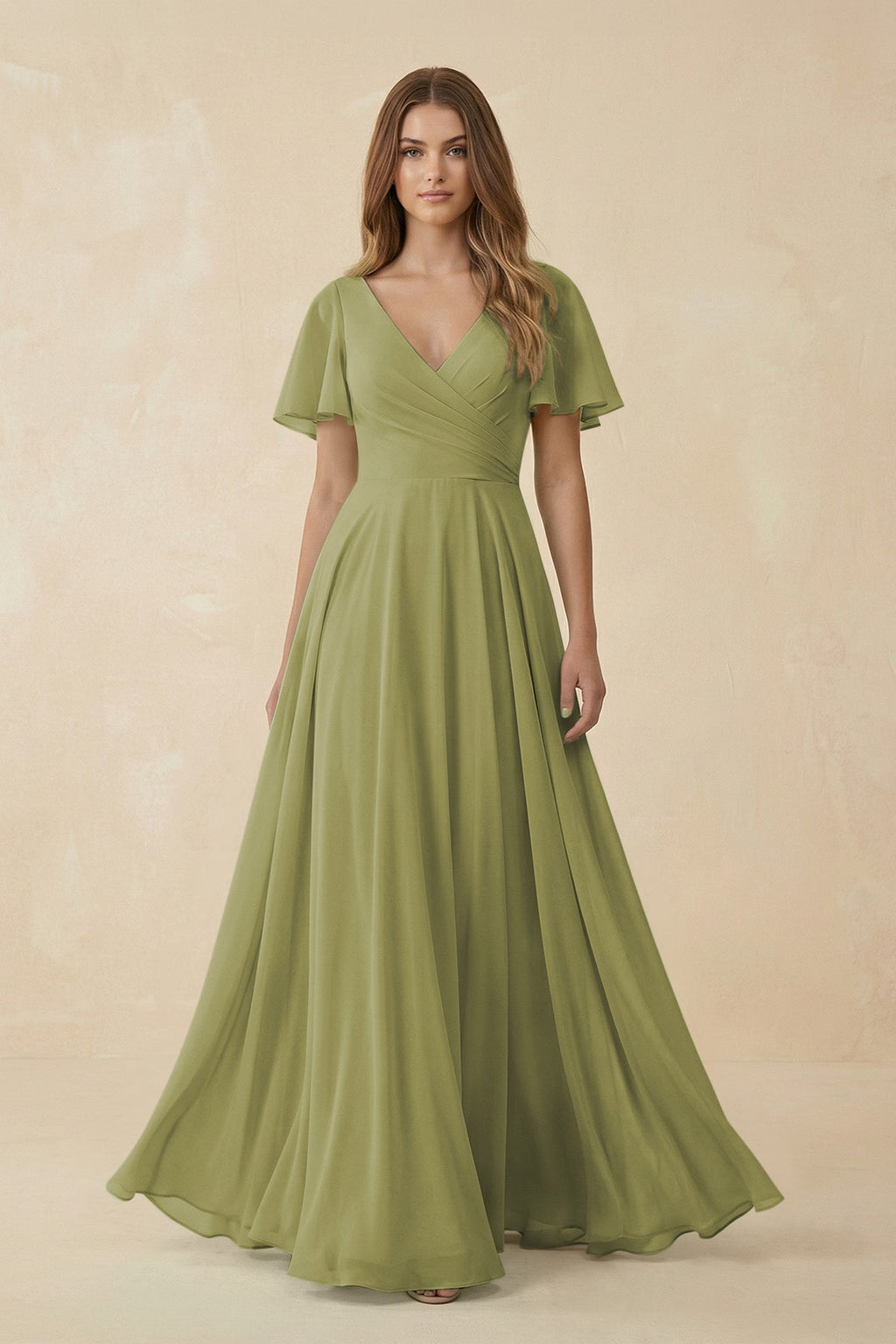 Flutter Sleeve V - Neck Chiffon A - Line Bridesmaid Dress in Moss Green - SHE IS ME Bridesmaid Dresses