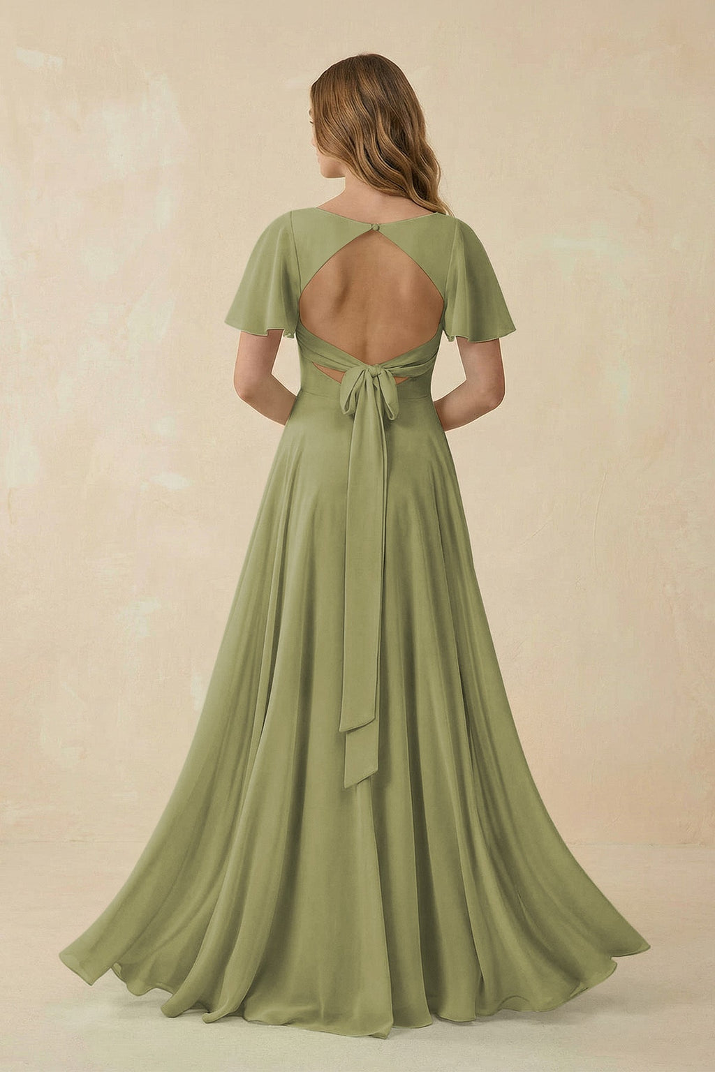 Flutter Sleeve V - Neck Chiffon A - Line Bridesmaid Dress in Moss Green - SHE IS ME Bridesmaid Dresses