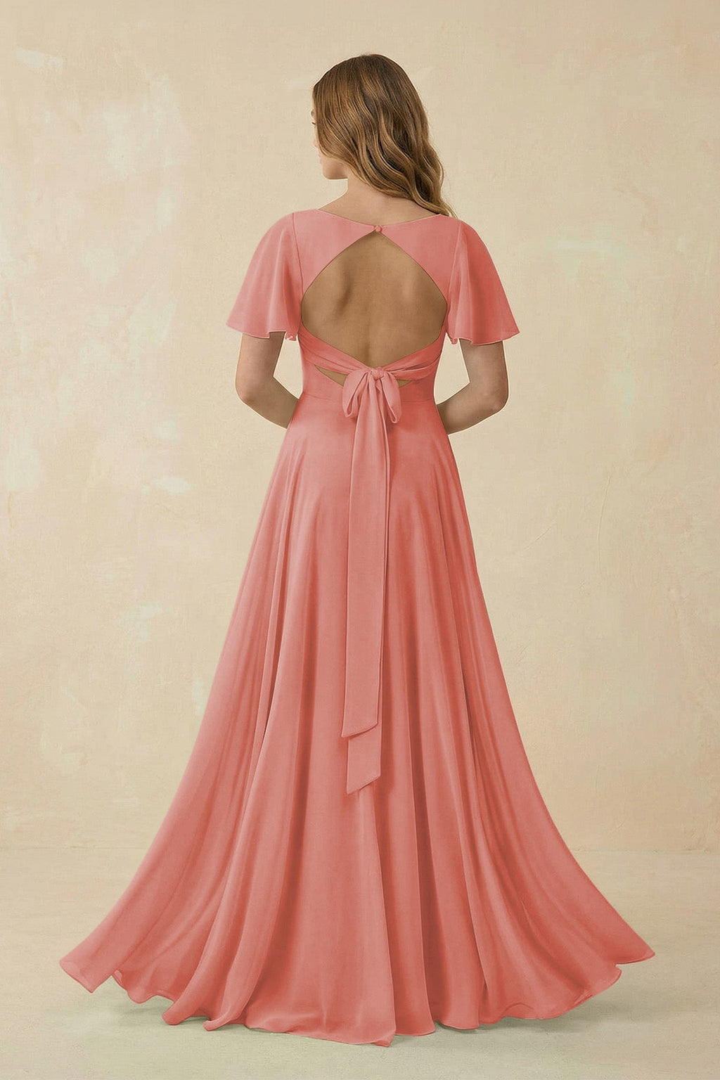 Flutter Sleeve V - Neck Chiffon A - Line Bridesmaid Dress in Mulberry - SHE IS ME Bridesmaid Dresses