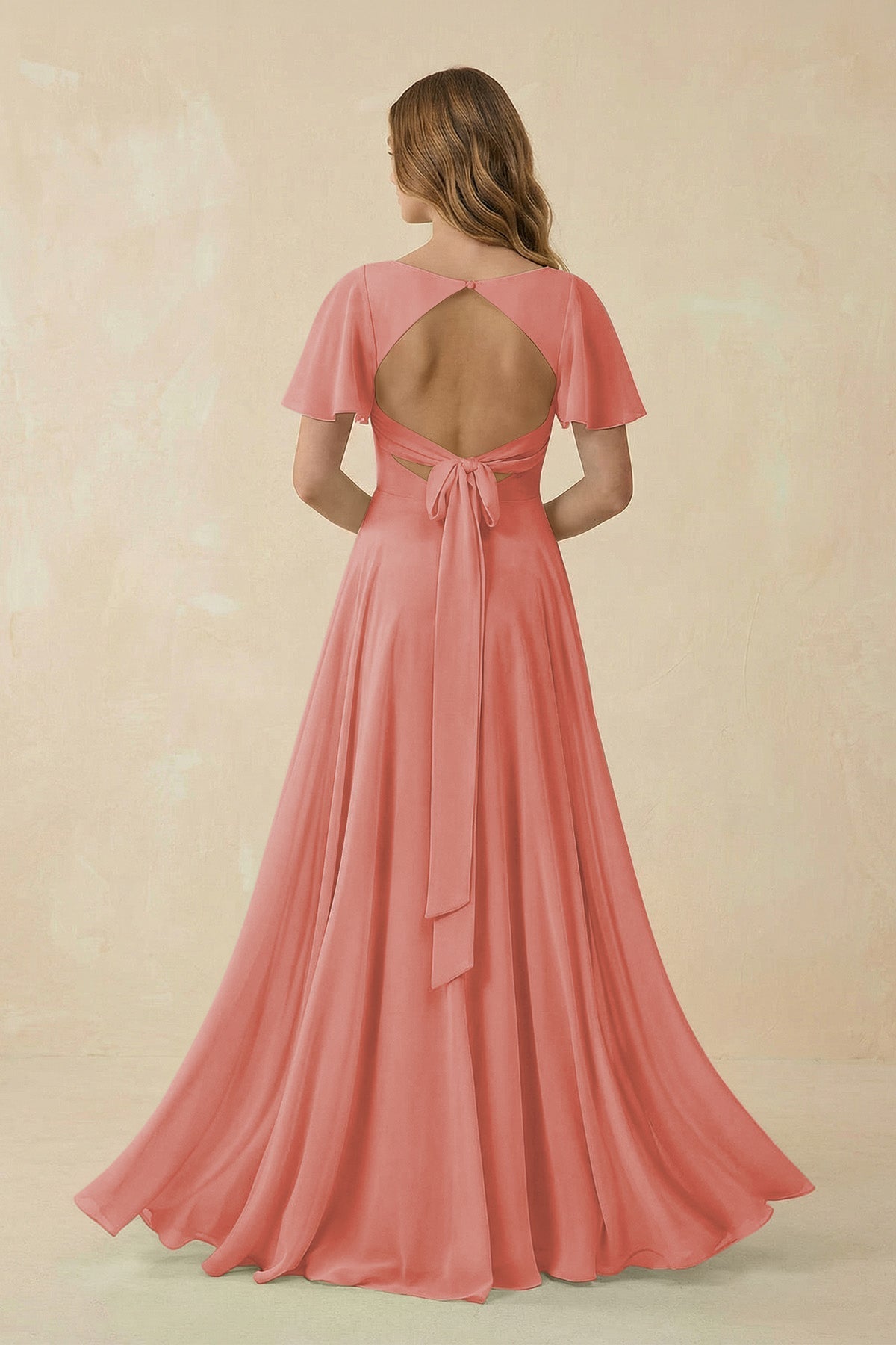 Flutter Sleeve V - Neck Chiffon A - Line Bridesmaid Dress in Mulberry - SHE IS ME Bridesmaid Dresses