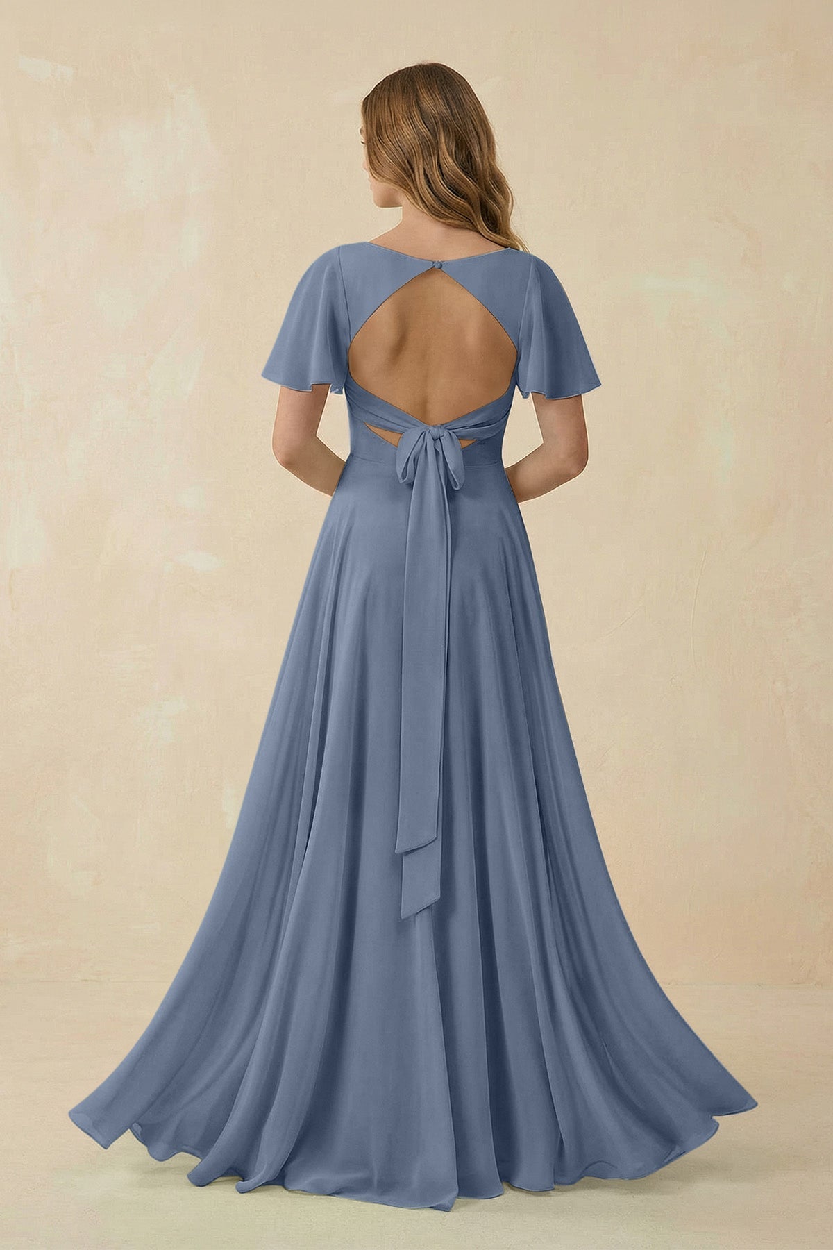 Flutter Sleeve V - Neck Chiffon A - Line Bridesmaid Dress in Neptune - SHE IS ME Bridesmaid Dresses