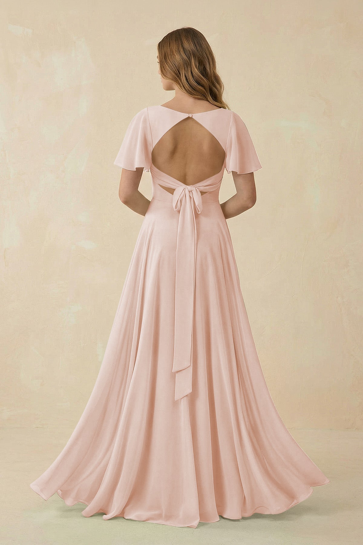 Flutter Sleeve V - Neck Chiffon A - Line Bridesmaid Dress in Pale Blush - SHE IS ME Bridesmaid Dresses