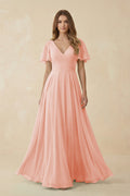 Flutter Sleeve V - Neck Chiffon A - Line Bridesmaid Dress in Rose Petal - SHE IS ME Bridesmaid Dresses