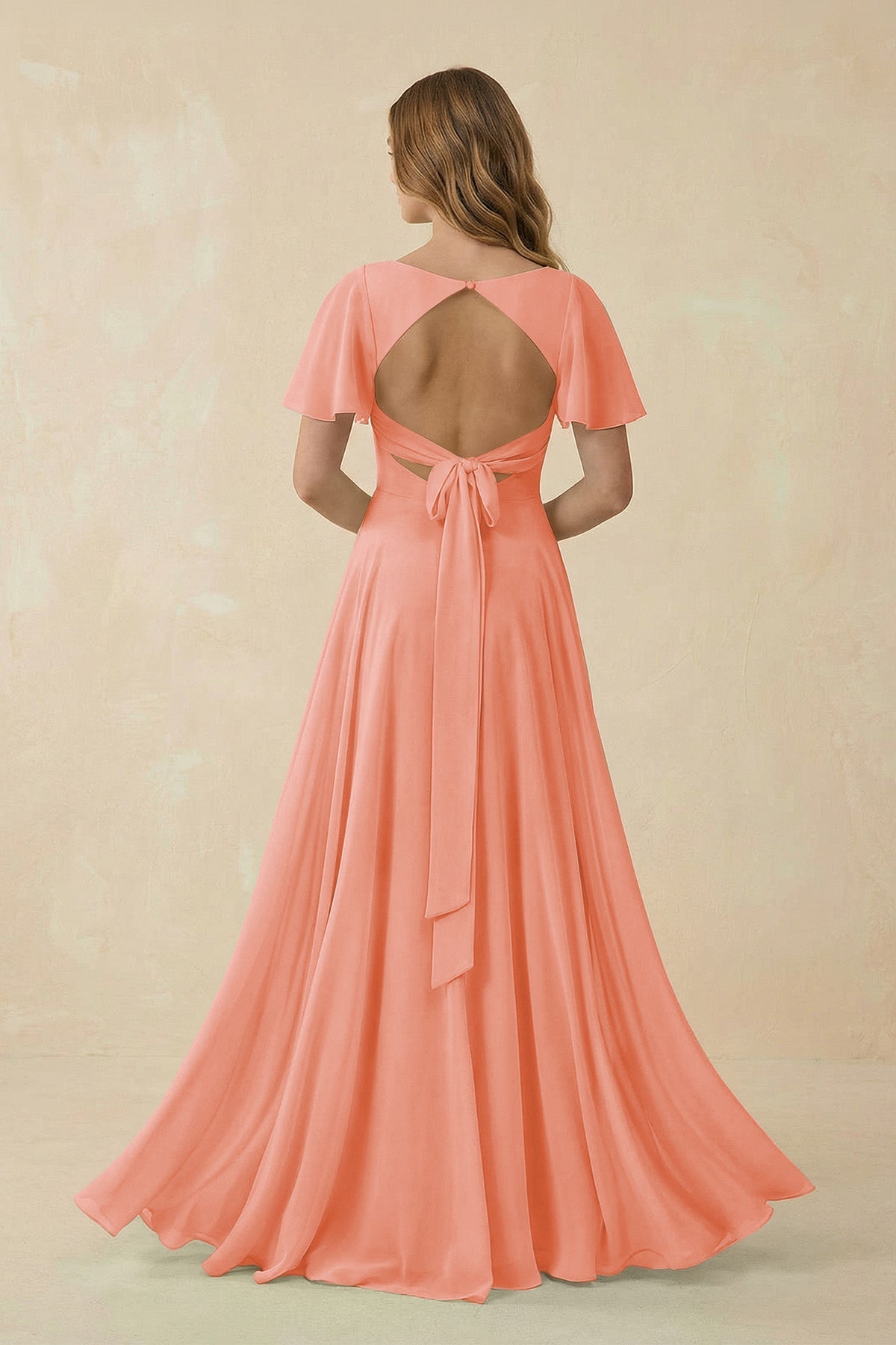 Flutter Sleeve V - Neck Chiffon A - Line Bridesmaid Dress in Rosette - SHE IS ME Bridesmaid Dresses