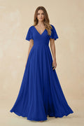 Flutter Sleeve V - Neck Chiffon A - Line Bridesmaid Dress in Royal Blue - SHE IS ME Bridesmaid Dresses
