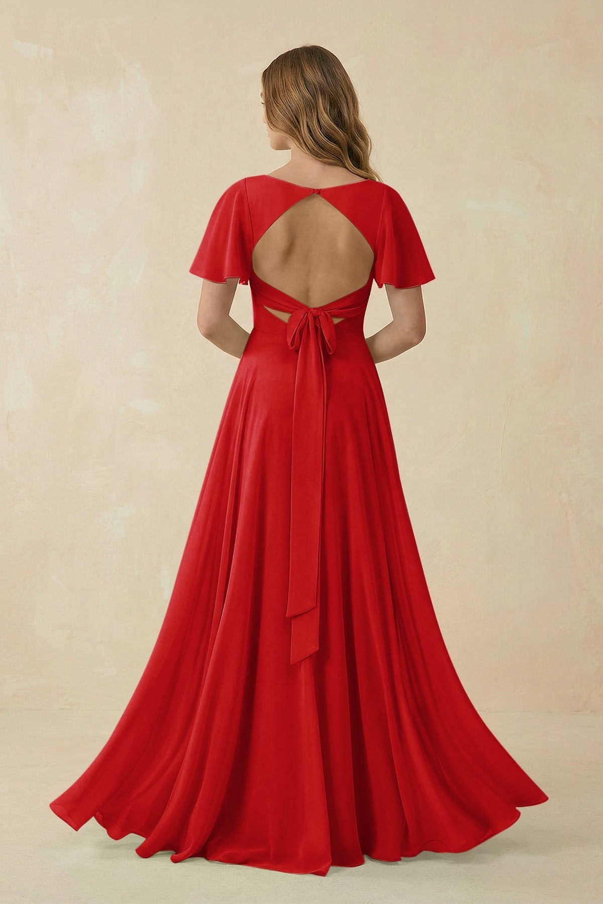 Flutter Sleeve V - Neck Chiffon A - Line Bridesmaid Dress in Ruby Red - SHE IS ME Bridesmaid Dresses