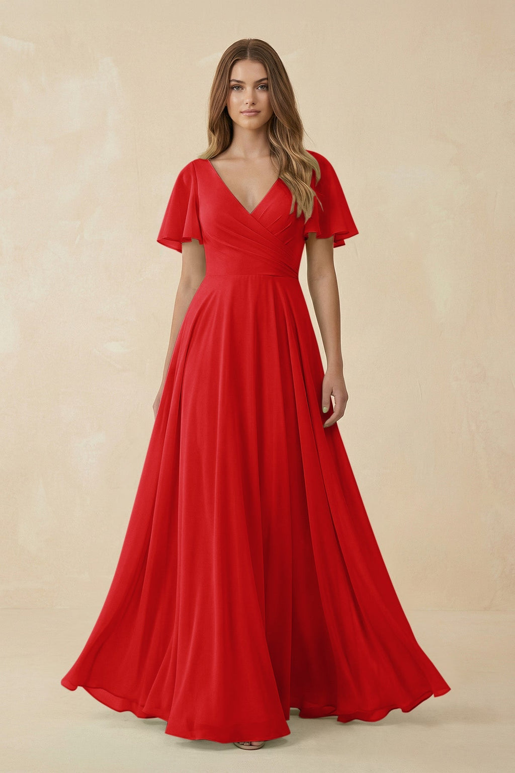 Flutter Sleeve V - Neck Chiffon A - Line Bridesmaid Dress in Ruby Red - SHE IS ME Bridesmaid Dresses
