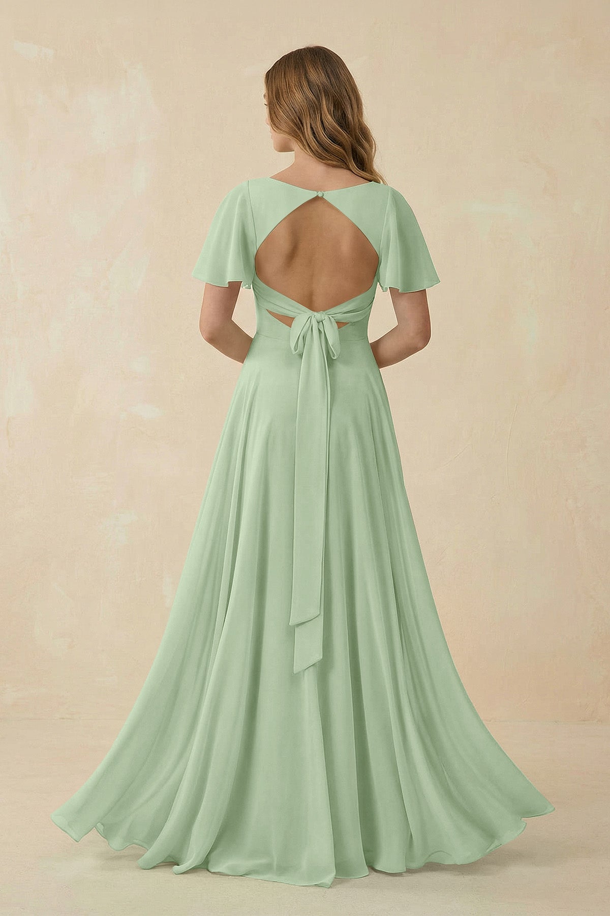 Flutter Sleeve V - Neck Chiffon A - Line Bridesmaid Dress in Sage - SHE IS ME Bridesmaid Dresses