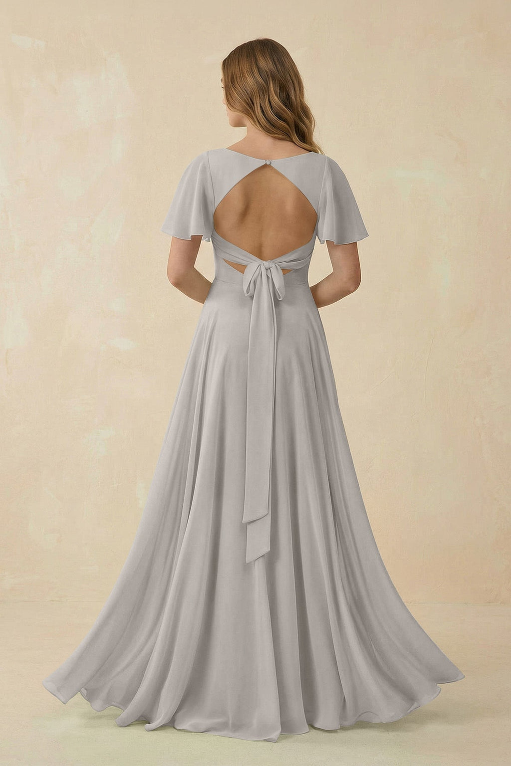 Flutter Sleeve V - Neck Chiffon A - Line Bridesmaid Dress in Silver - SHE IS ME Bridesmaid Dresses