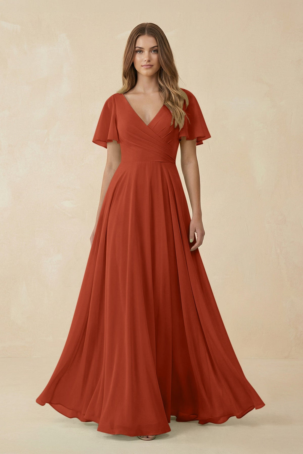 Flutter Sleeve V - Neck Chiffon A - Line Bridesmaid Dress in Spice - SHE IS ME Bridesmaid Dresses