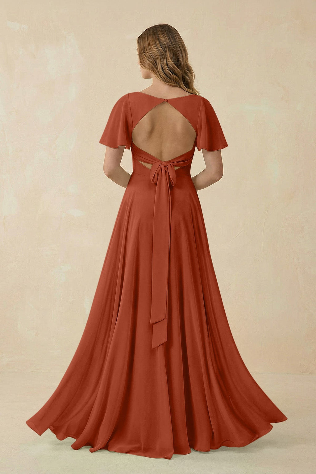Flutter Sleeve V - Neck Chiffon A - Line Bridesmaid Dress in Spice - SHE IS ME Bridesmaid Dresses